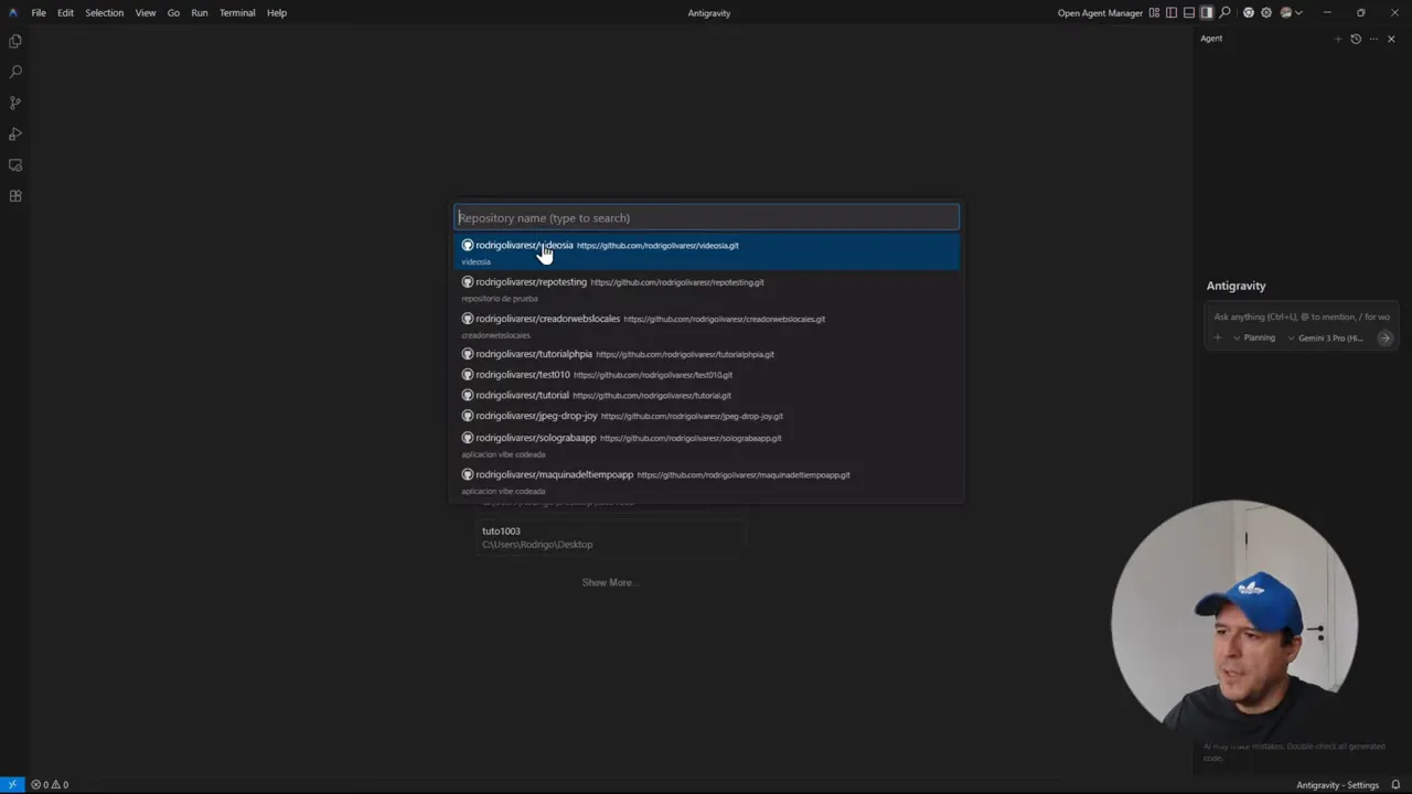 Lista de repositorios de GitHub en Antigravity con un repositorio seleccionado para clonar