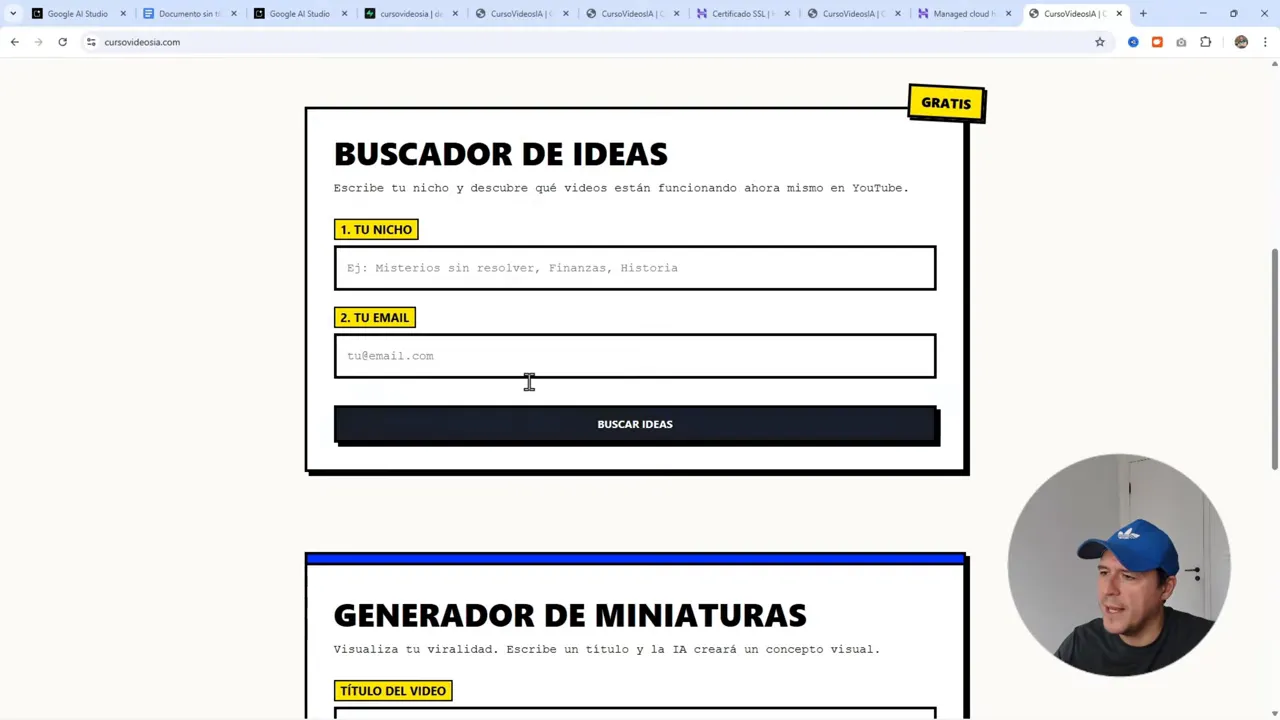 Previsualización de la landing 'Buscador de ideas' con formulario, campos para nicho y email y botón 'Buscar ideas'.
