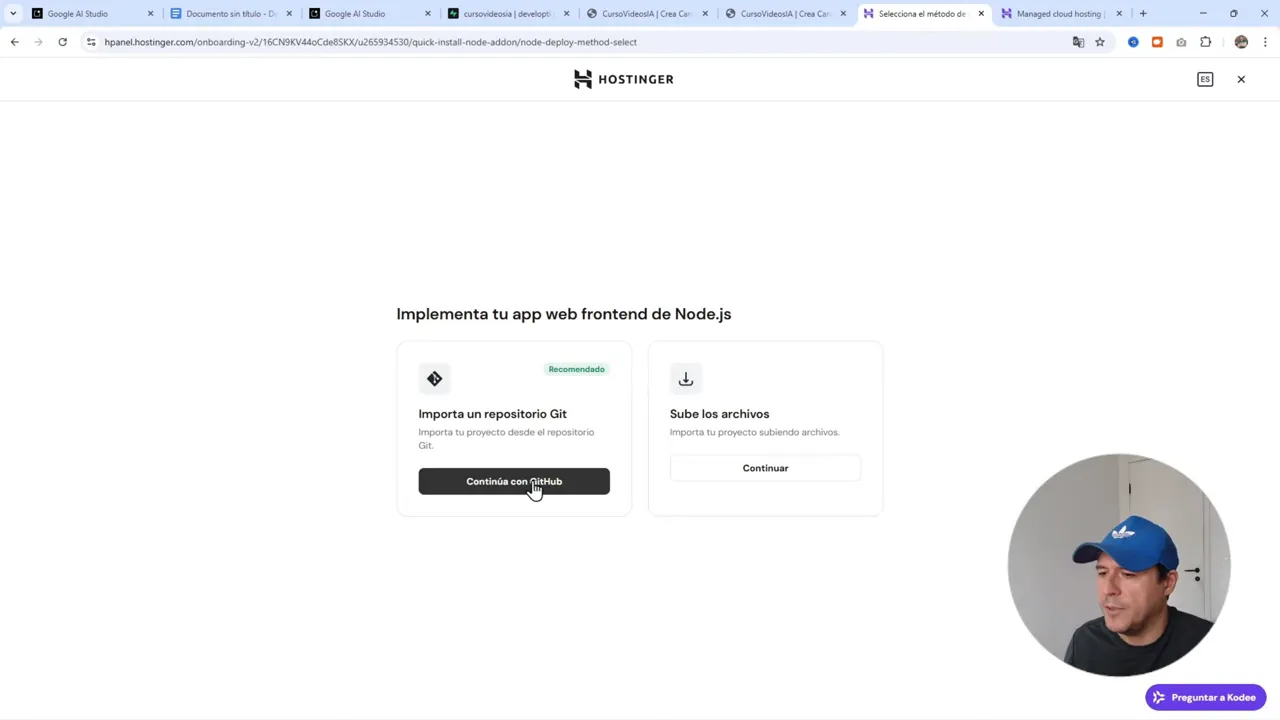 Hostinger mostrando 'Implementa tu app web frontend de Node.js' con el botón 'Continúa con GitHub' resaltado y el cursor encima.