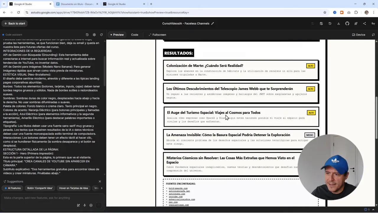 Google AI Studio mostrando la sección 'RESULTADOS' con tarjetas de ideas, etiquetas de prioridad y la caja 'Fuentes encontradas'