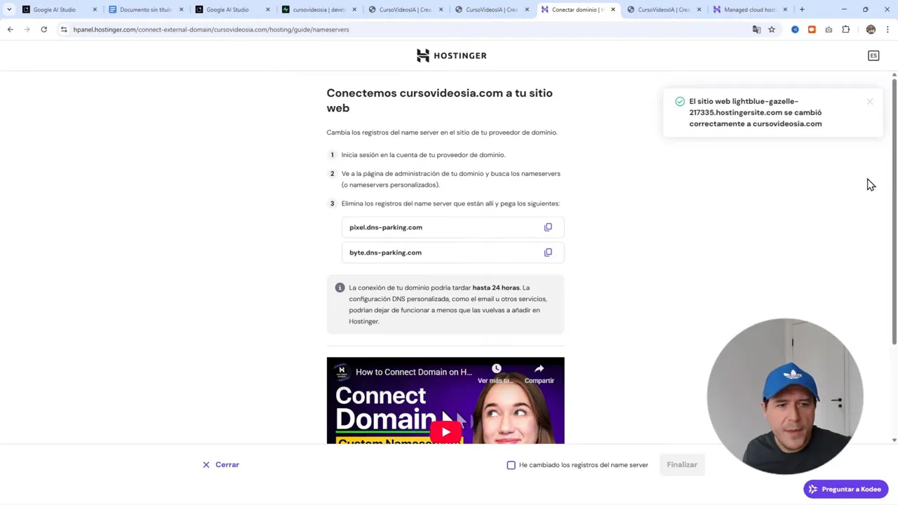Página de Hostinger con instrucciones para conectar el dominio y los nameservers pixel.dns-parking.com y byte.dns-parking.com
