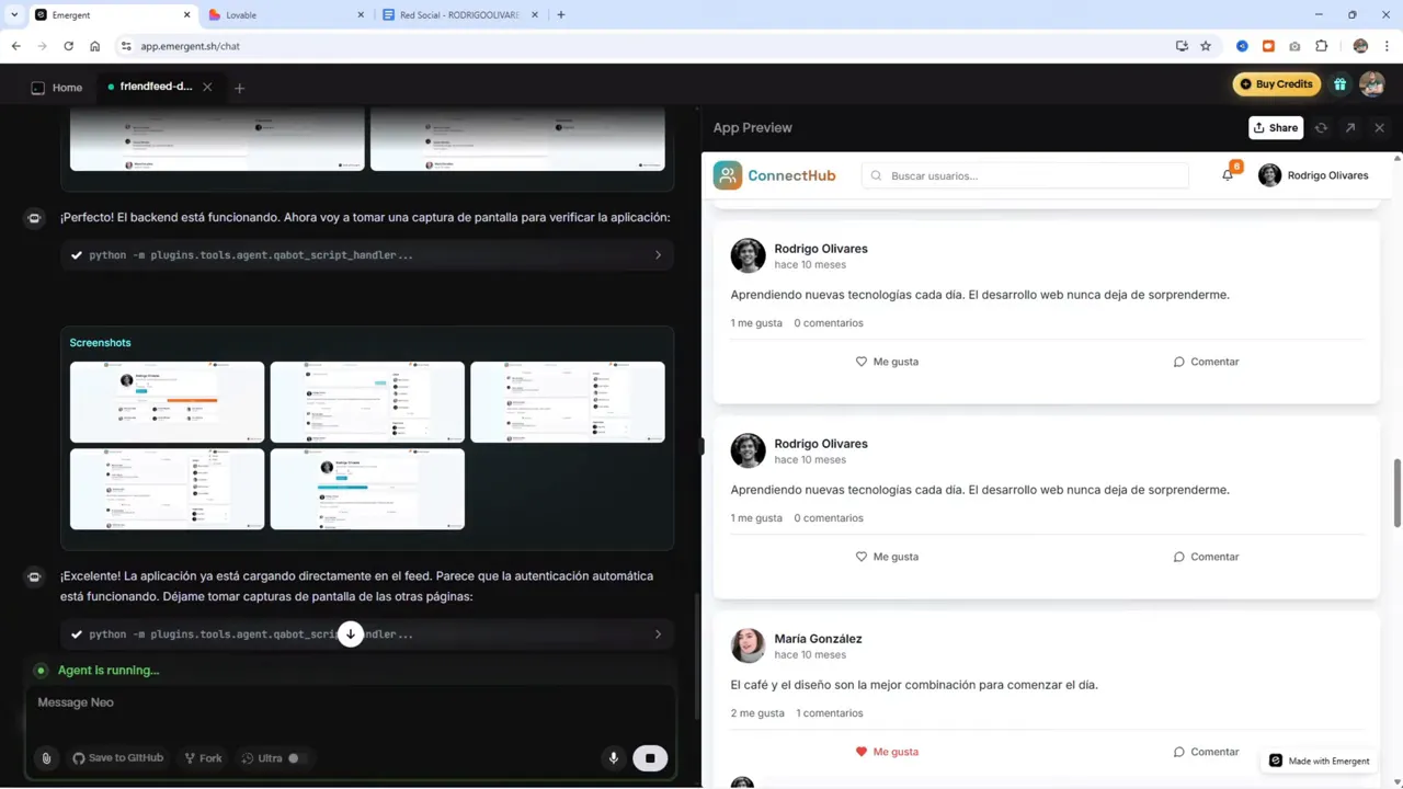 Emergent: Crea Apps con IA + Base de Datos en MINUTOS (Adiós Lovable?) 6 Agente realizando captura de pantalla y autovalidación de la aplicación
