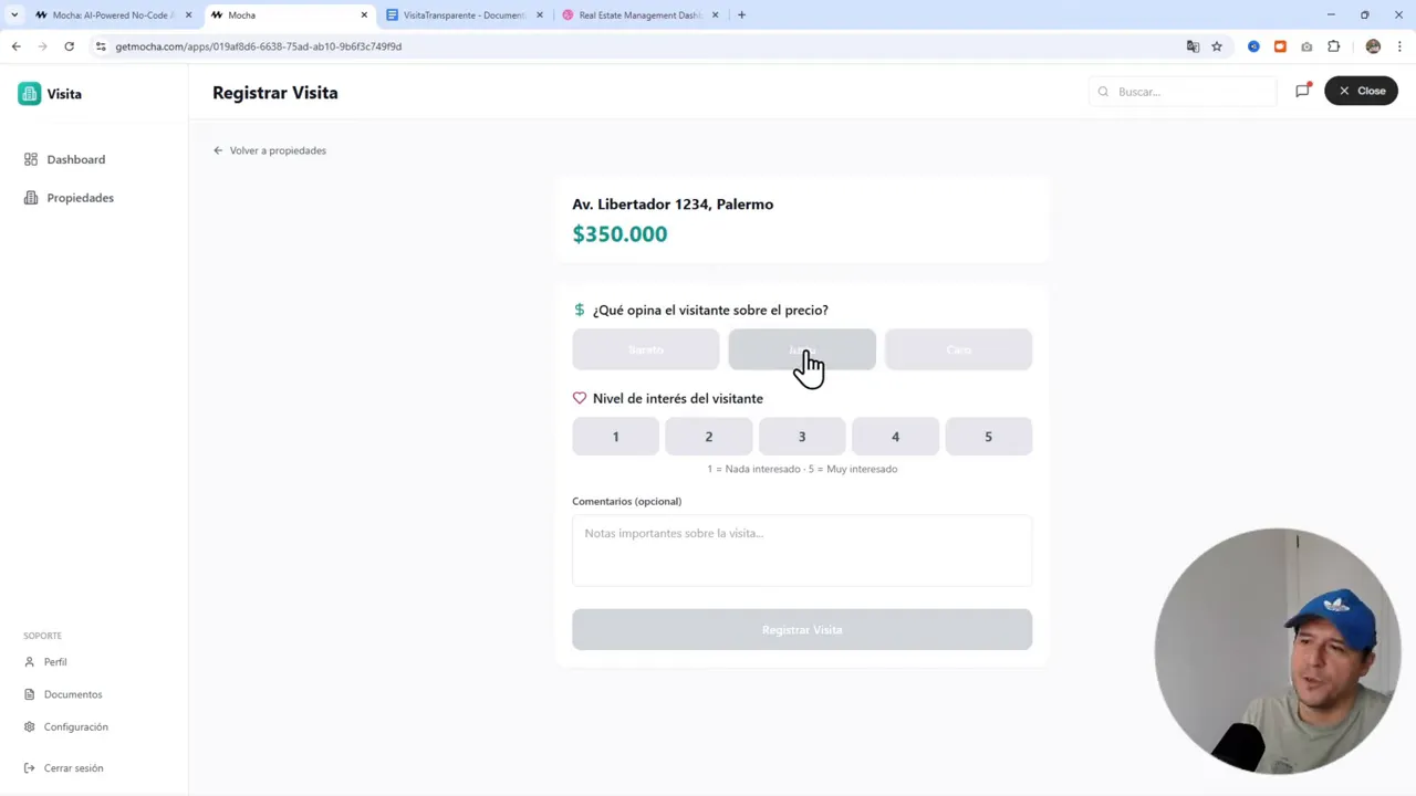 Formulario 'Registrar Visita' con el cursor sobre la opción 'Justo', mostrando también el nivel de interés (1-5) y el campo de comentarios.