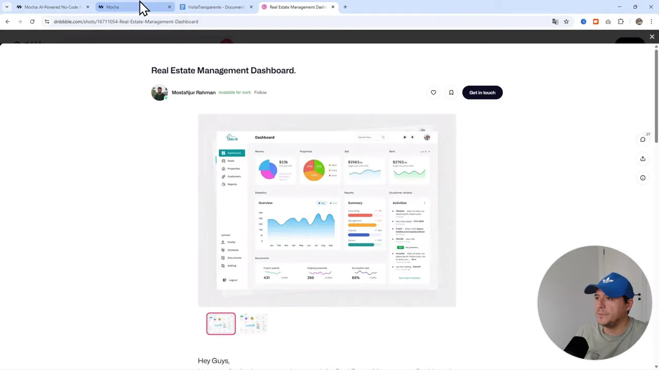 Página de Dribbble con mockup central de un real estate dashboard y título del proyecto