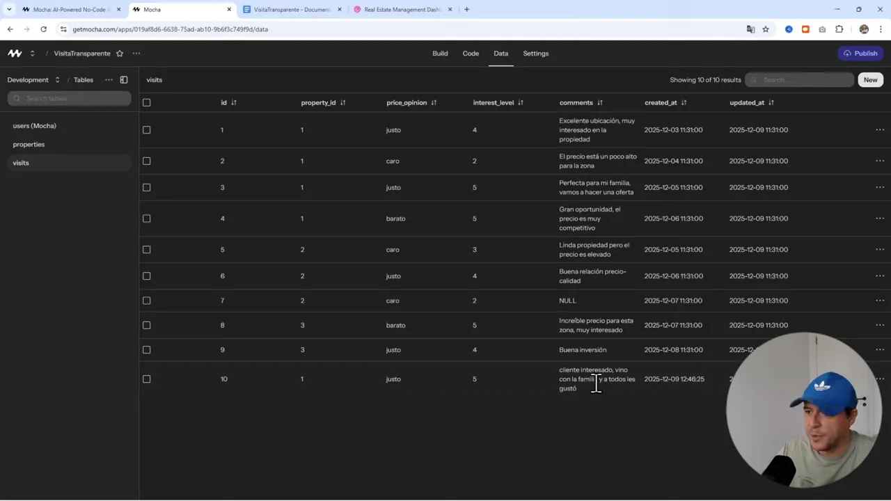 Tabla 'visits' mostrando registros demo con columnas price_opinion, interest_level, comments y timestamps — evidencia de que las visitas se almacenan correctamente.