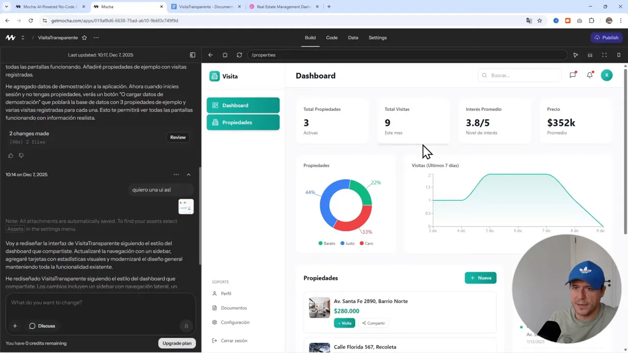 Dashboard de Visita Transparente con tarjetas de métricas, gráfico circular y panel de prompt a la izquierda; cámara del presentador en la esquina