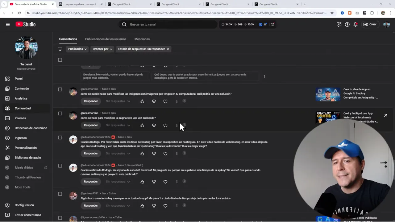 5 Preguntas que me hacen TODO el tiempo sobre crear apps web con IA 6 YouTube Studio en modo oscuro con la sección Comentarios visible y el presentador en un recuadro circular