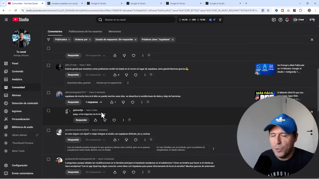5 Preguntas que me hacen TODO el tiempo sobre crear apps web con IA 3 YouTube Studio - comentario de usuario mencionando Supabase inactivo y página en blanco