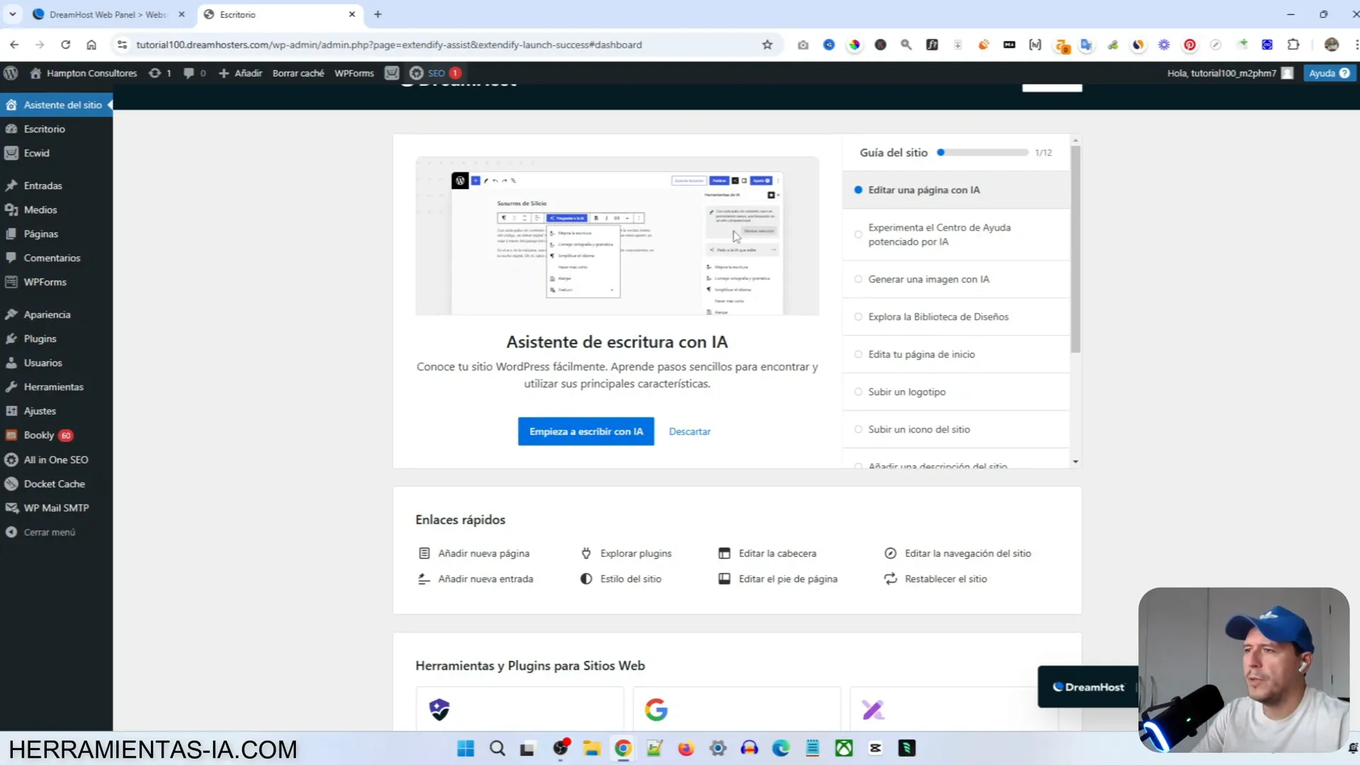 Interfaz de creación de sitio web en WordPress
