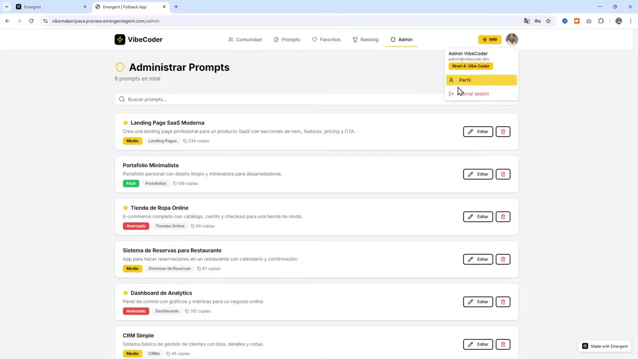 Página 'Administrar Prompts' con el menú de perfil del usuario desplegado en la esquina superior derecha mostrando la opción 'Perfil' y la dirección de correo del admin.