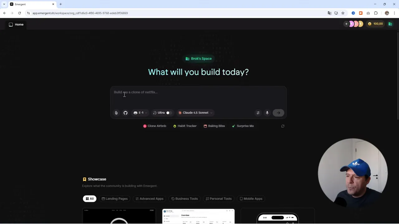 Interfaz de Emergent con el mensaje 'What will you build today?' y caja para el prompt