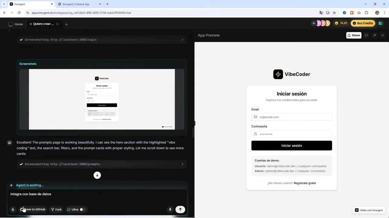 Emergent: pantalla de inicio de sesión de VibeCoder con caja de email/contraseña y lista de cuentas demo.