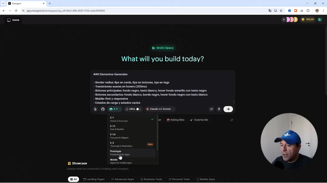 Captura de Emergent con texto 'Elementos Generales' y el cursor sobre la opción Prototype en el menú.