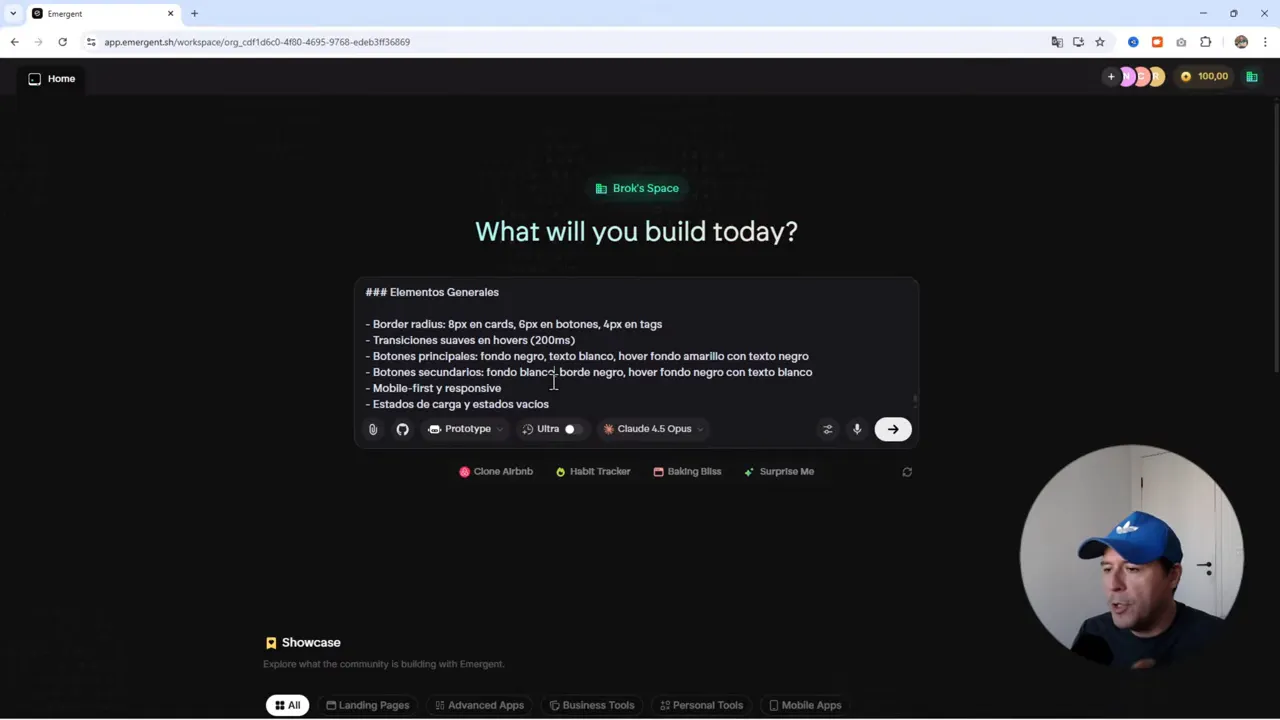 Interfaz de Emergent con la pregunta 'What will you build today?', caja de prompt con 'Elementos Generales' y opciones 'Prototype' y 'Claude 4.5 Opus' visibles.
