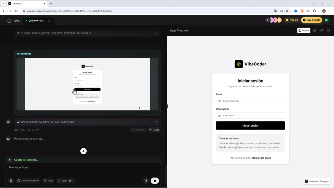 Panel de Emergent con miniatura de screenshot y vista previa de la pantalla de inicio de sesión de VibeCoder
