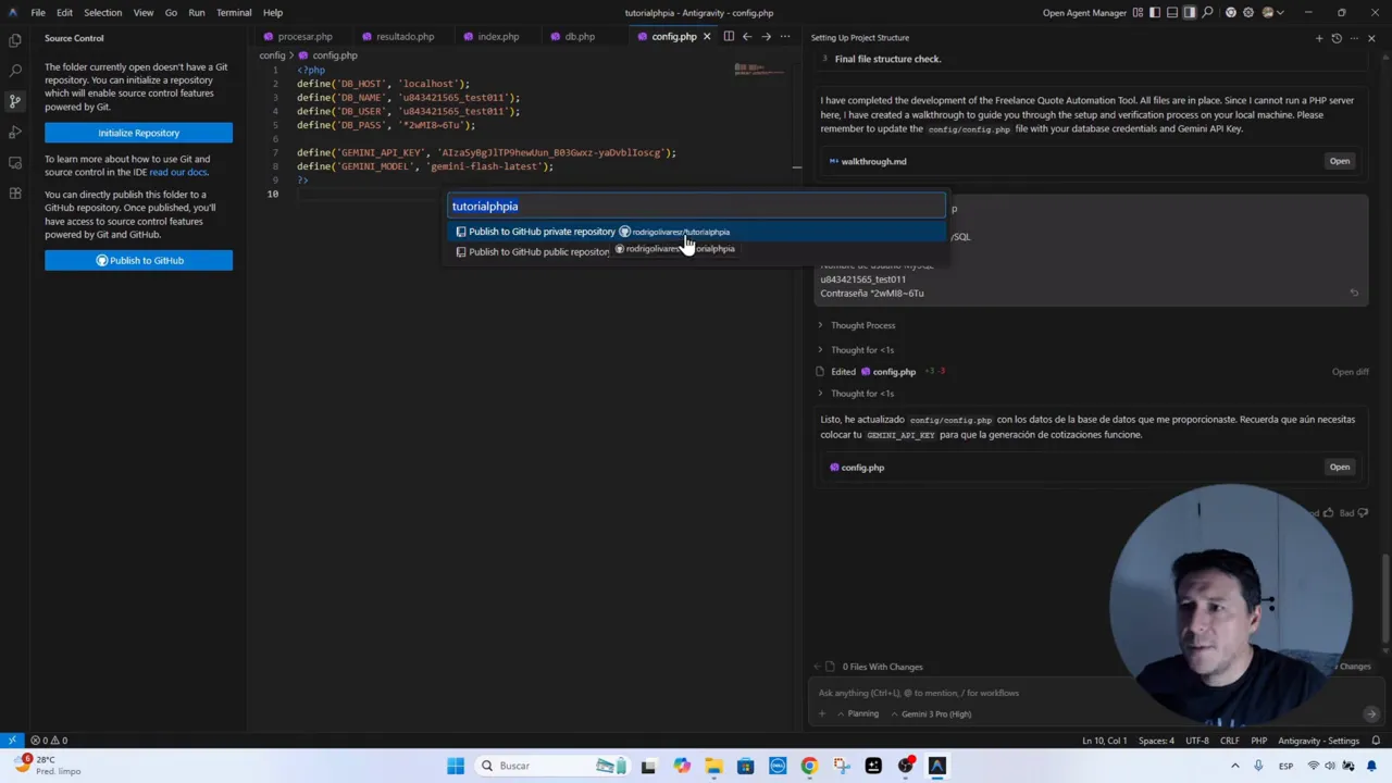 Diálogo de publicación con el nombre del repo 'tutorialphpia' y la opción marcada para publicar en GitHub como repositorio privado.