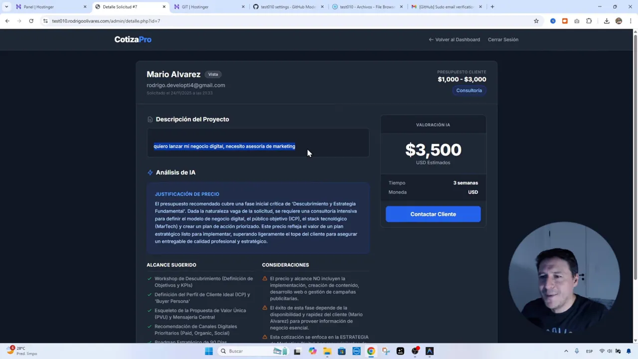 Pantalla de detalle de cotización con la descripción del proyecto resaltada y la valoración IA de $3,500 visible