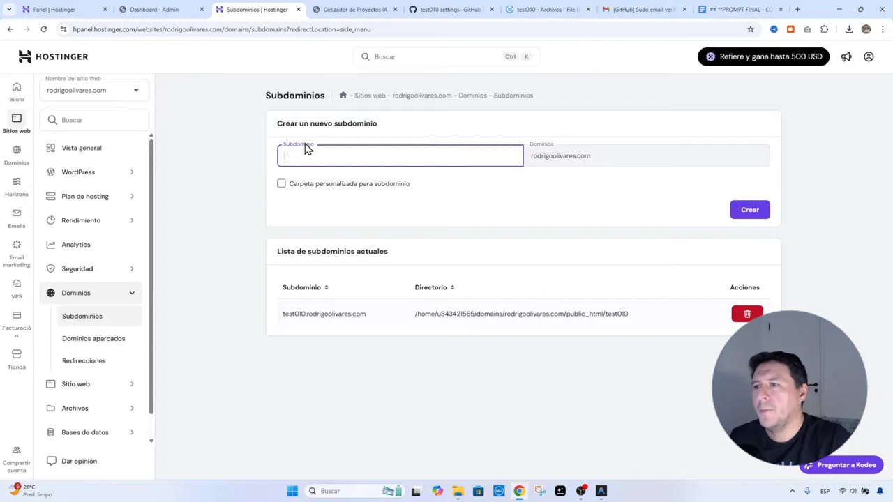 Formulario 'Crear un nuevo subdominio' en Hostinger con el campo activo