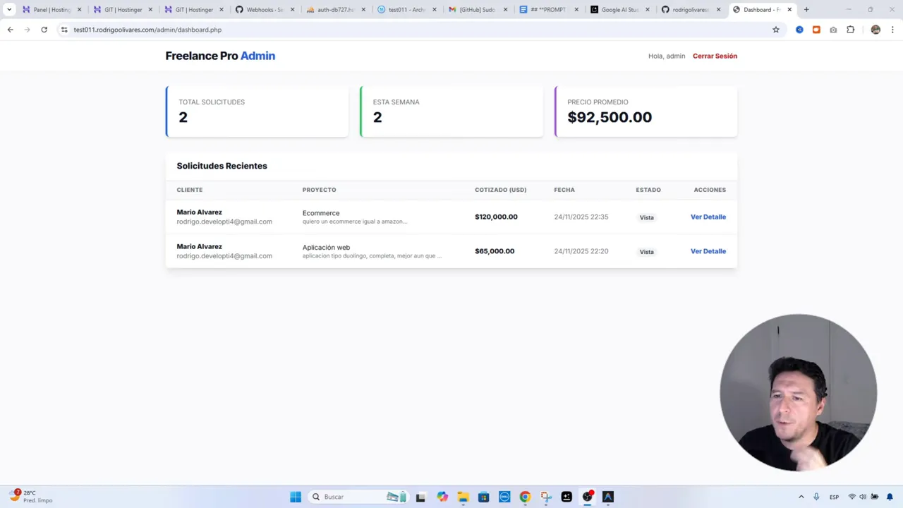 Panel de administración 'Freelance Pro' mostrando métricas y solicitudes recientes