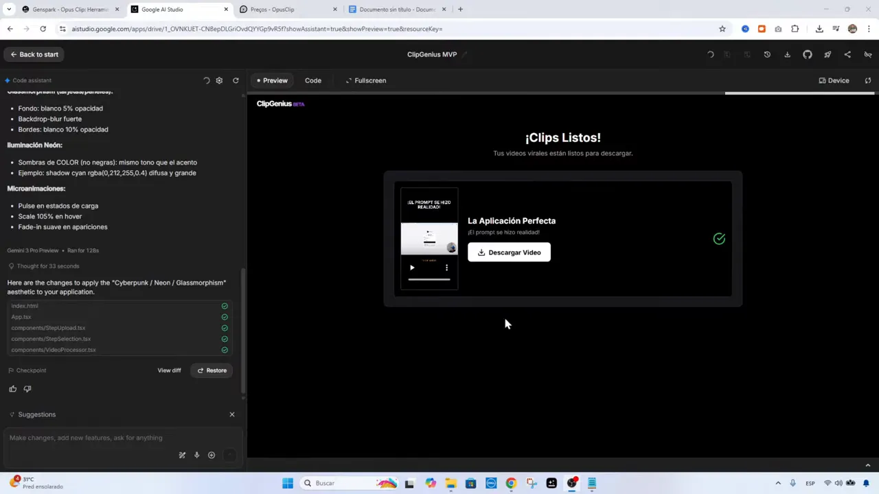 Vista de Google AI Studio mostrando el panel de código y sugerencias a la izquierda y la vista previa del prototipo ClipGenius a la derecha.
