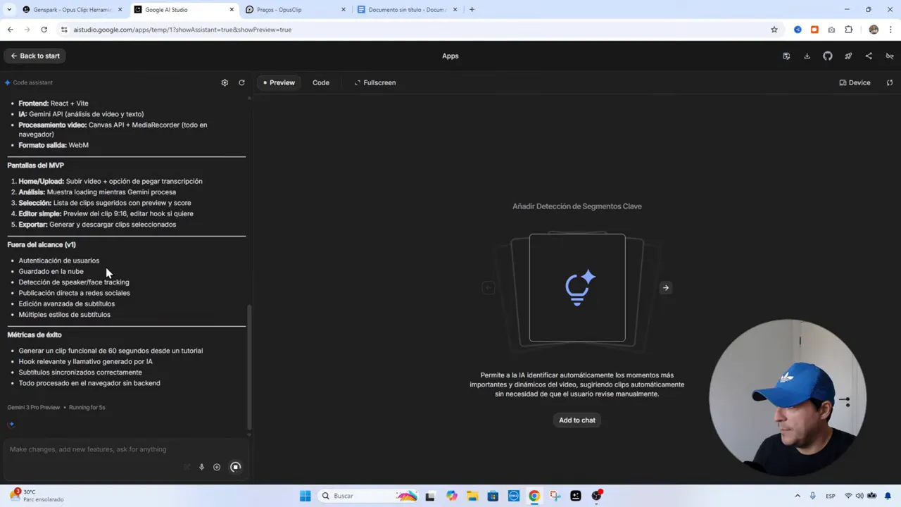 Interfaz de Google AI Studio con un documento PRD en Markdown en la columna izquierda (pantallas del MVP, métricas) y el área de preview vacía a la derecha
