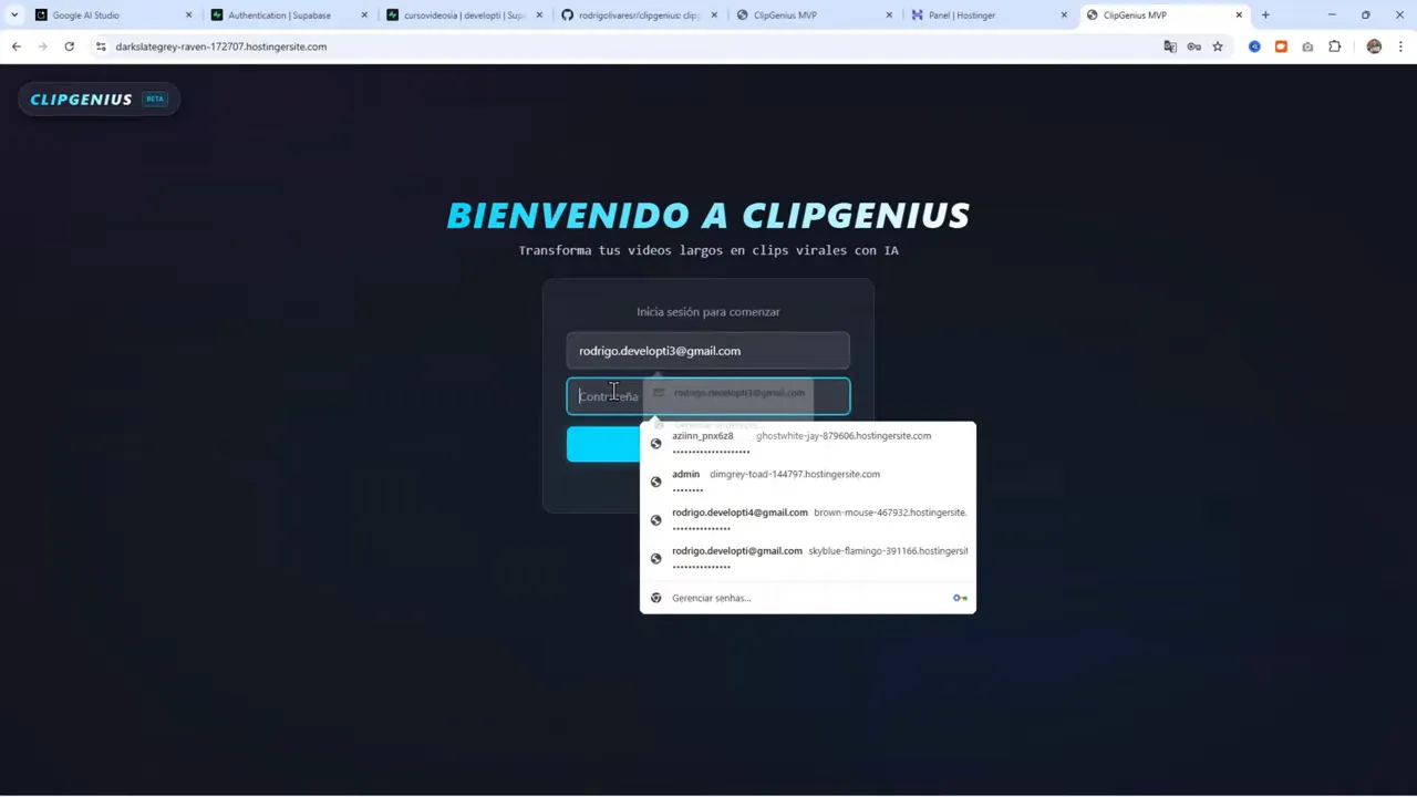 Pantalla de bienvenida de ClipGenius con formulario de inicio de sesión, sugerencias de contraseña emergente y dominio de Hostinger en la barra de direcciones