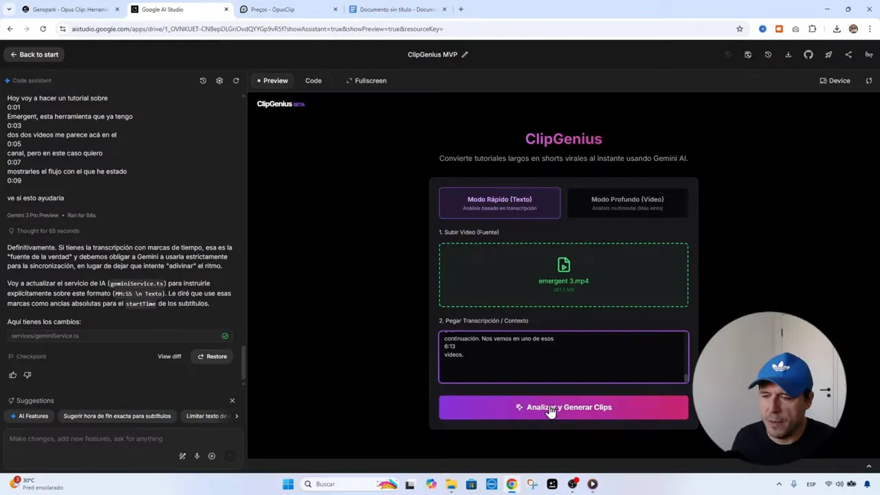 Interfaz de ClipGenius en AI Studio mostrando el campo para pegar la transcripción con timestamps y el botón 'Analizar y Generar Clips'.