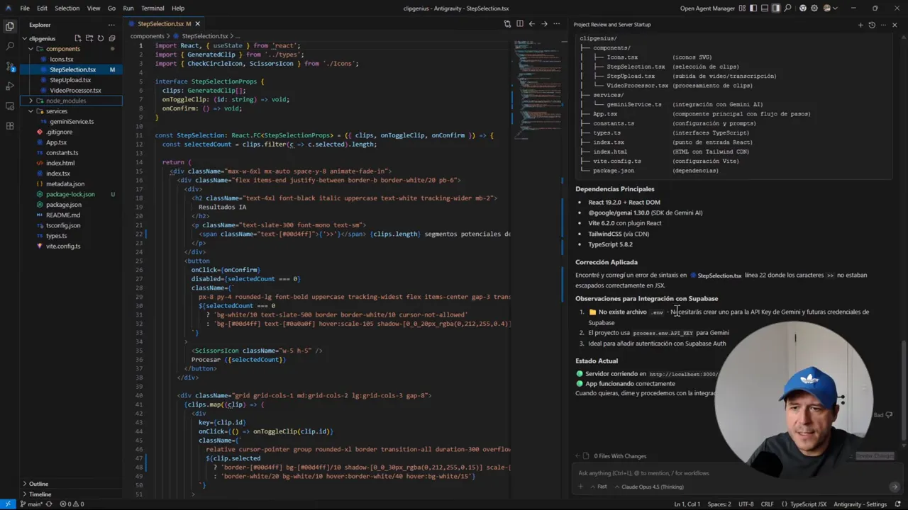 Vista de editor con archivo StepSelection.tsx abierto, árbol de archivos a la izquierda y panel de proyecto/review a la derecha
