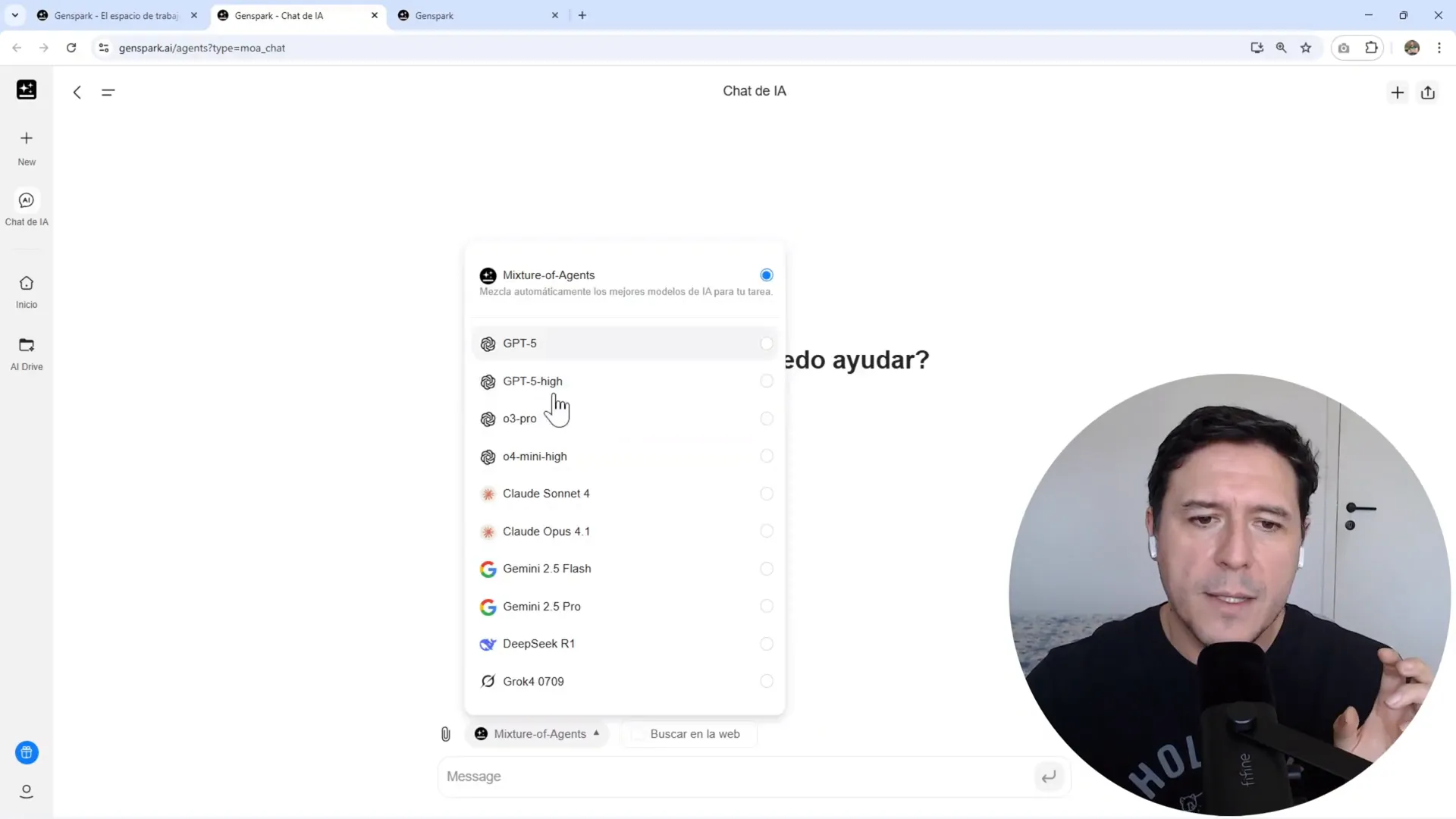 Pantalla del chat de Genspark mostrando la selección de modelos