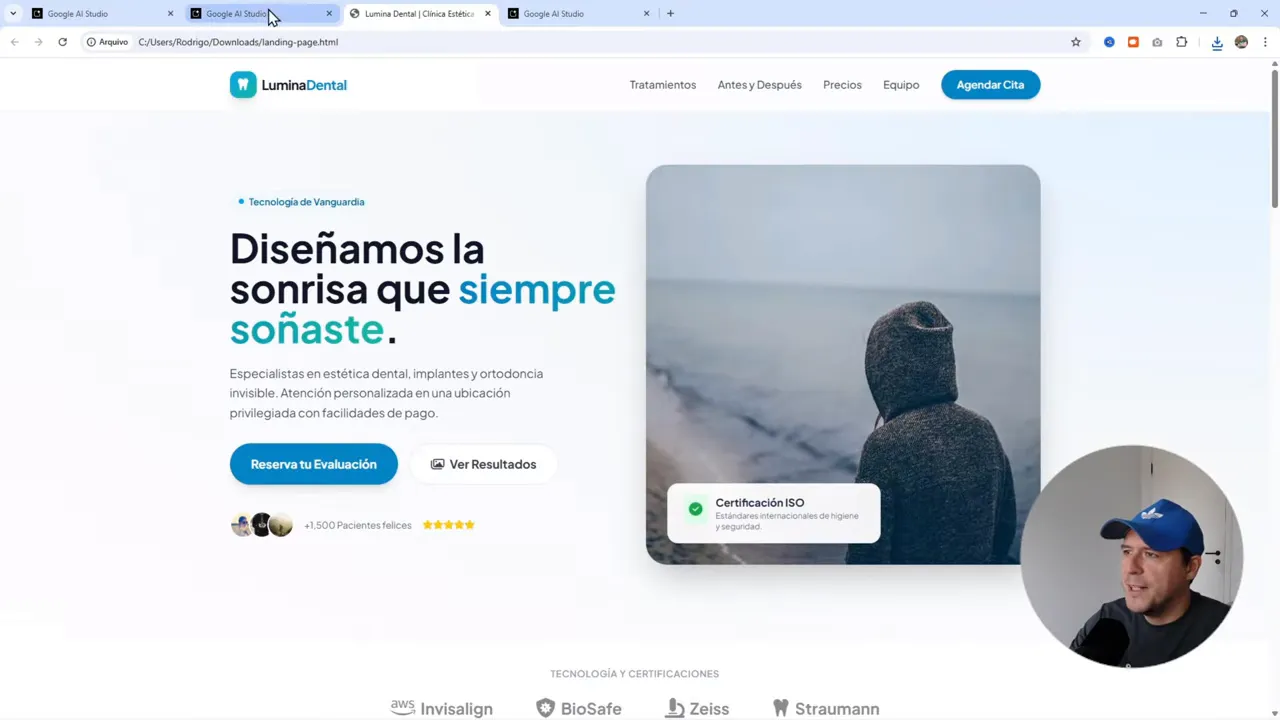 Vista previa de la landing LuminaDental mostrando el hero, el botón 'Reserva tu Evaluación' y la ventana circular del presentador