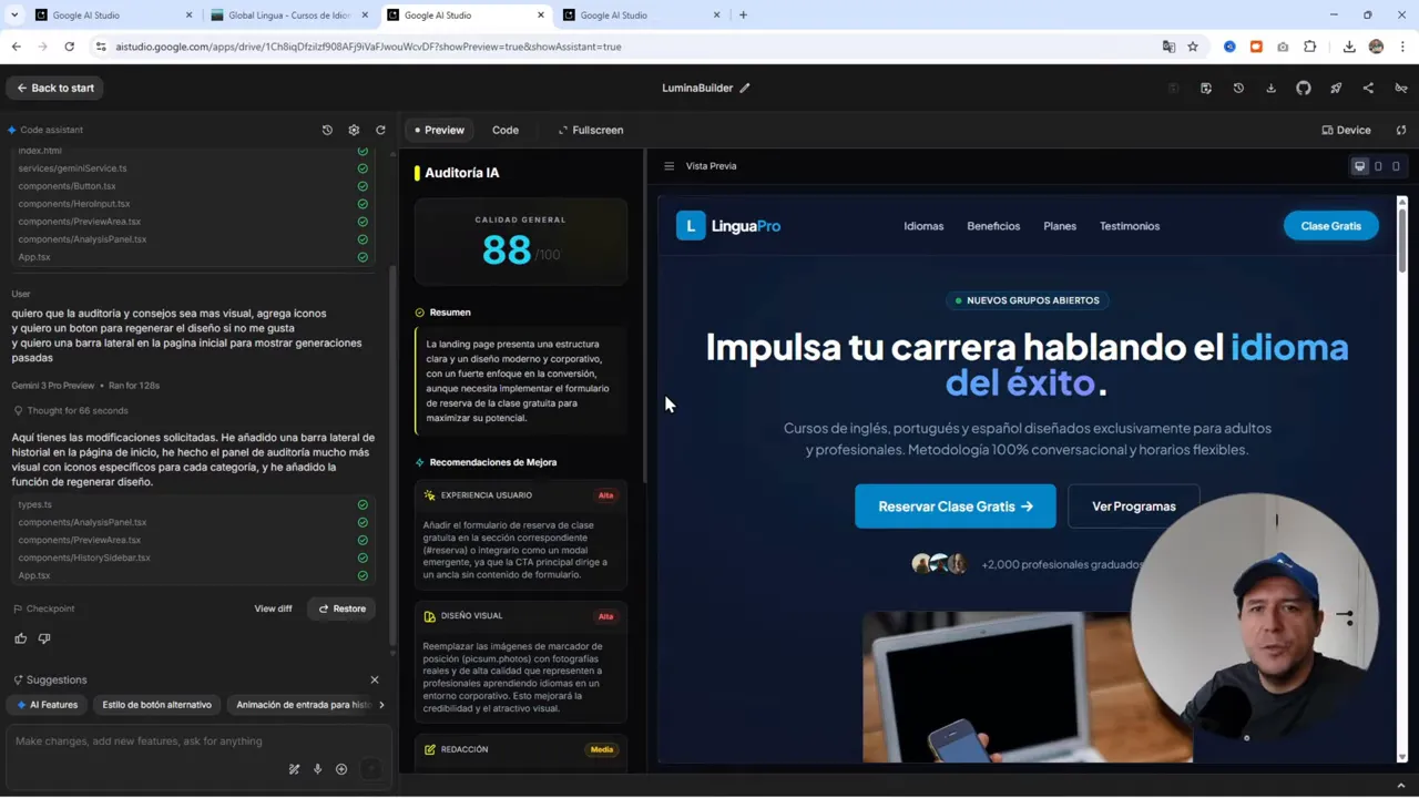 Google AI Studio mostrando el panel de auditoría con puntuación 88 a la izquierda y la vista previa de una landing a la derecha, con el presentador en una burbuja circular