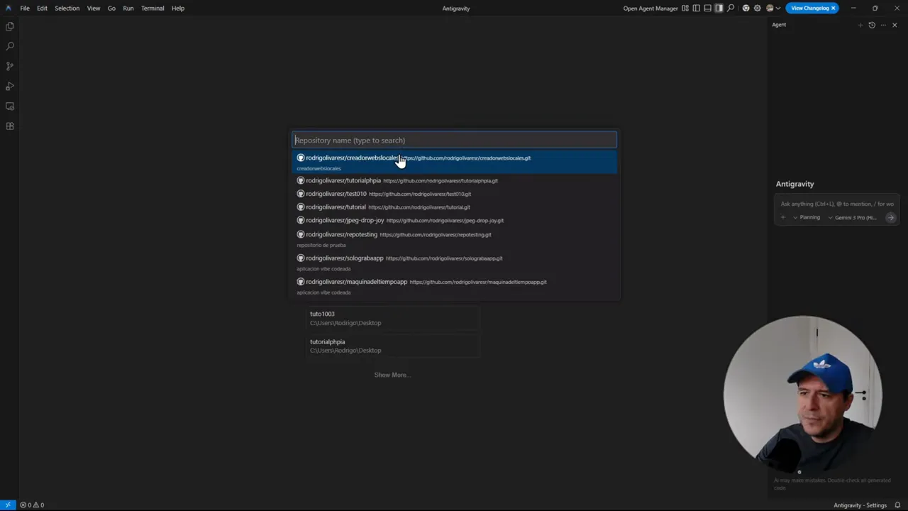 Interfaz de Antigravity mostrando el cuadro 'Repository name' con lista de repositorios para clonar y ventana circular del presentador