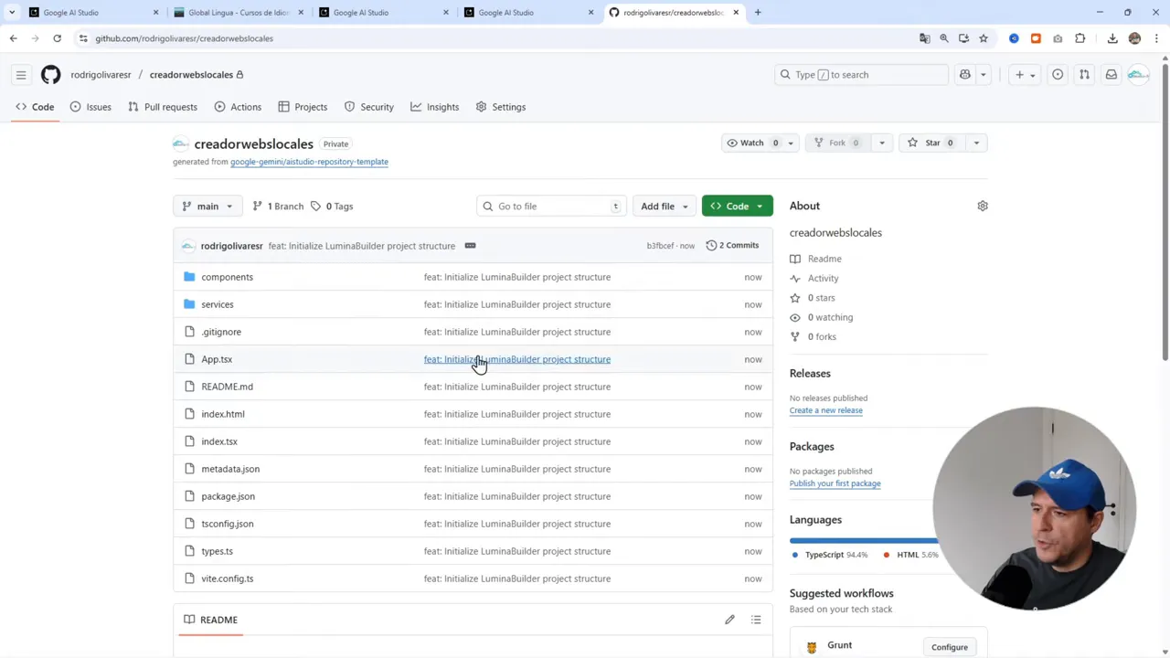 Vista de GitHub mostrando el repositorio 'creadorwebslocales' con archivos del proyecto y la ventana circular del presentador en la esquina