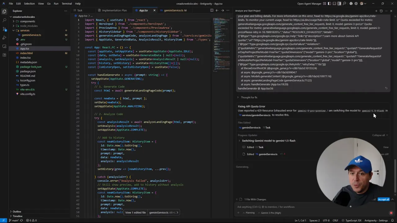 Panel de Antigravity mostrando el agente cambiando el modelo a gemini-1.5-flash y logs 'Resource exhausted' visibles