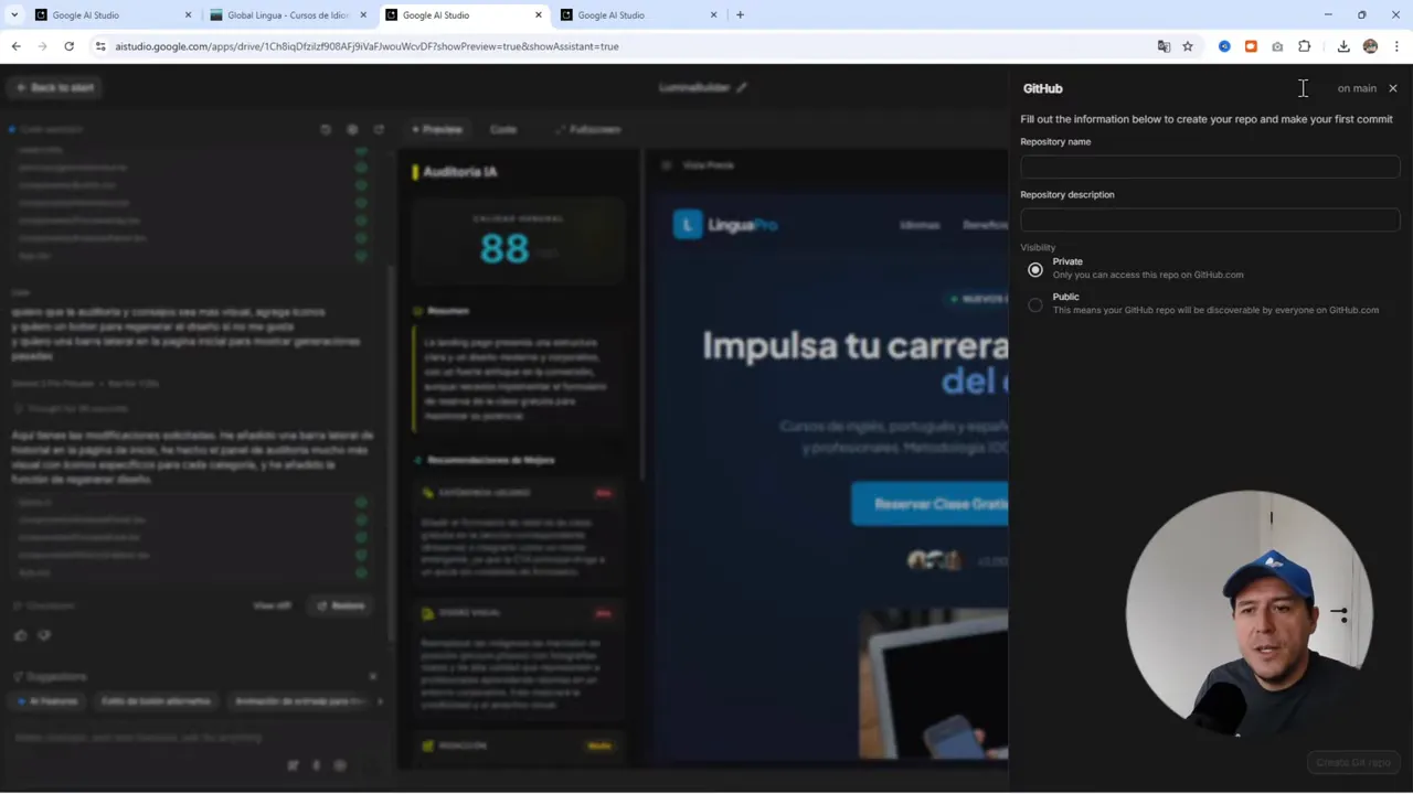 Panel de creación de repositorio de GitHub dentro de Google AI Studio mostrando campos para nombre, descripción y visibilidad.
