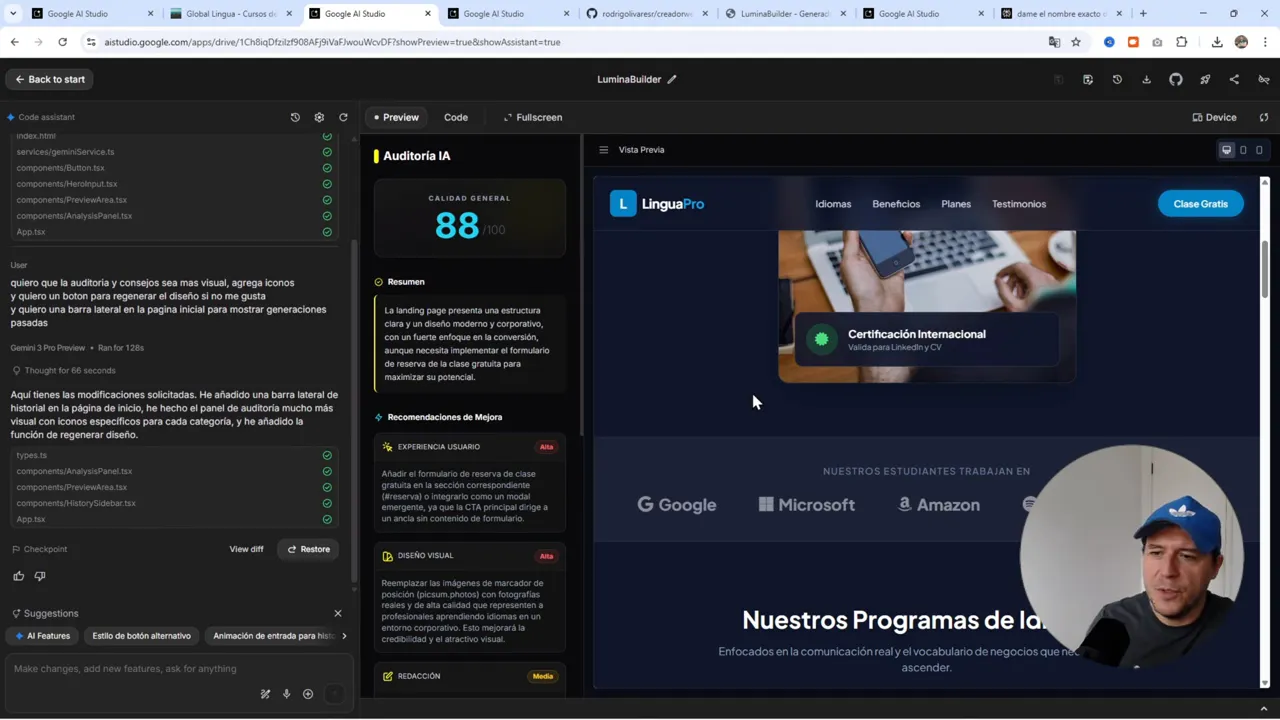 Interfaz de Google AI Studio mostrando el asistente de código, panel de auditoría y vista previa