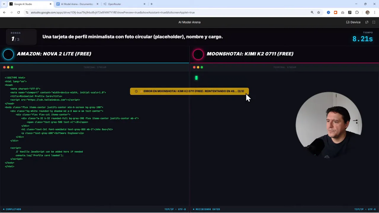 Creé una App donde las IAs compiten y GEMINI decide quien gana (AI Studio + OpenRouter + Hostinger) 5 Código HTML mostrado en la columna izquierda de la arena de modelos con un mensaje amarillo de error en la columna derecha