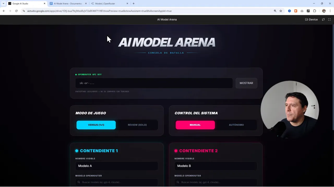 Creé una App donde las IAs compiten y GEMINI decide quien gana (AI Studio + OpenRouter + Hostinger) 4 Vista clara del panel principal de 'AI Model Arena' con logo, campo de API y tarjetas de configuración de modelos