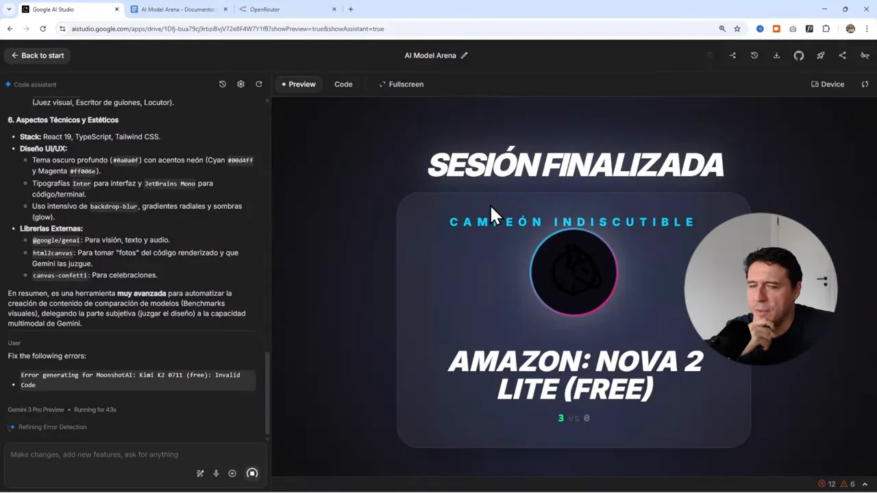 Creé una App donde las IAs compiten y GEMINI decide quien gana (AI Studio + OpenRouter + Hostinger) 6 Preview de la arena de modelos en Google AI Studio con 'SESIÓN FINALIZADA', cursor señalando el resultado y panel de código a la izquierda