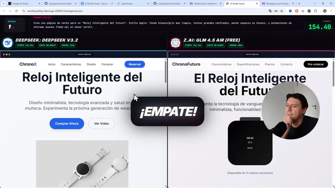 Creé una App donde las IAs compiten y GEMINI decide quien gana (AI Studio + OpenRouter + Hostinger) 11 Pantalla dividida con dos landing pages generadas por modelos y un overlay central grande que dice '¡EMPATE!', con el presentador en un recuadro circular a la derecha.