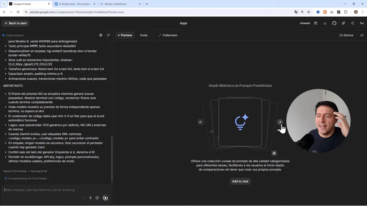 Creé una App donde las IAs compiten y GEMINI decide quien gana (AI Studio + OpenRouter + Hostinger) 3 Vista del editor de Google AI Studio con el panel de código/prompt a la izquierda y la zona de preview a la derecha.