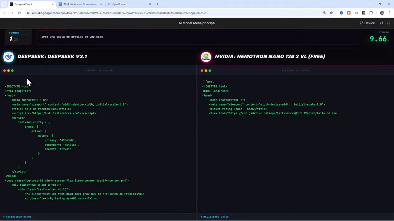 Creé una App donde las IAs compiten y GEMINI decide quien gana (AI Studio + OpenRouter + Hostinger) 7 Pantalla dividida de AI Model Arena mostrando código HTML generado por dos modelos (columna izquierda en español, derecha en inglés) y el temporizador en la esquina superior derecha.