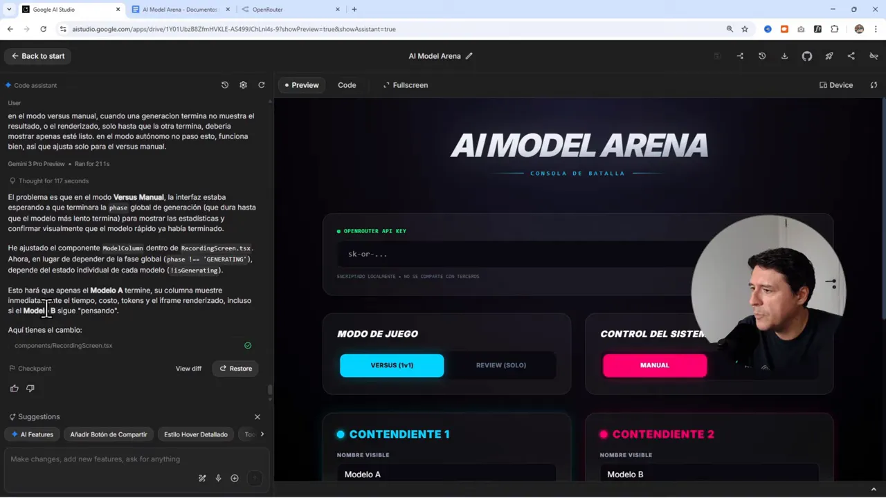 Creé una App donde las IAs compiten y GEMINI decide quien gana (AI Studio + OpenRouter + Hostinger) 8 Captura de la app mostrando el panel de código a la izquierda y la página 'AI Model Arena' a la derecha, útil para depuración y pruebas