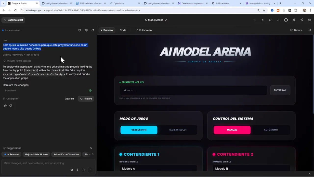 Creé una App donde las IAs compiten y GEMINI decide quien gana (AI Studio + OpenRouter + Hostinger) 10 Google AI Studio mostrando el asistente de código a la izquierda y la vista previa de AI Model Arena a la derecha