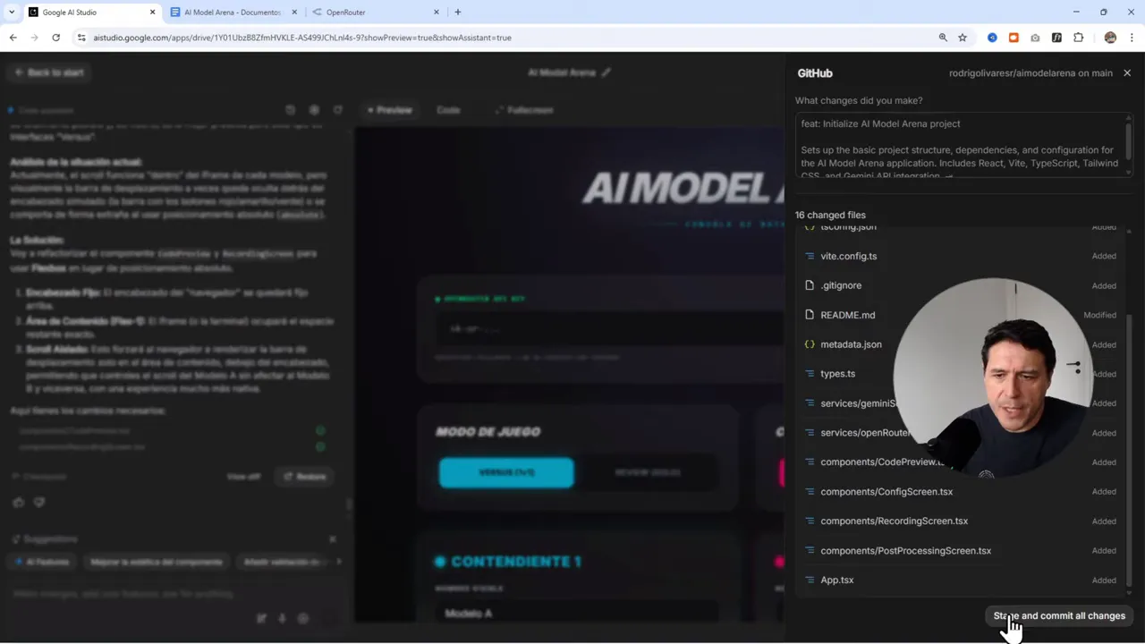 Creé una App donde las IAs compiten y GEMINI decide quien gana (AI Studio + OpenRouter + Hostinger) 9 Panel de GitHub dentro de Google AI Studio mostrando el mensaje de commit, listado de archivos modificados y el recuadro de video del presentador