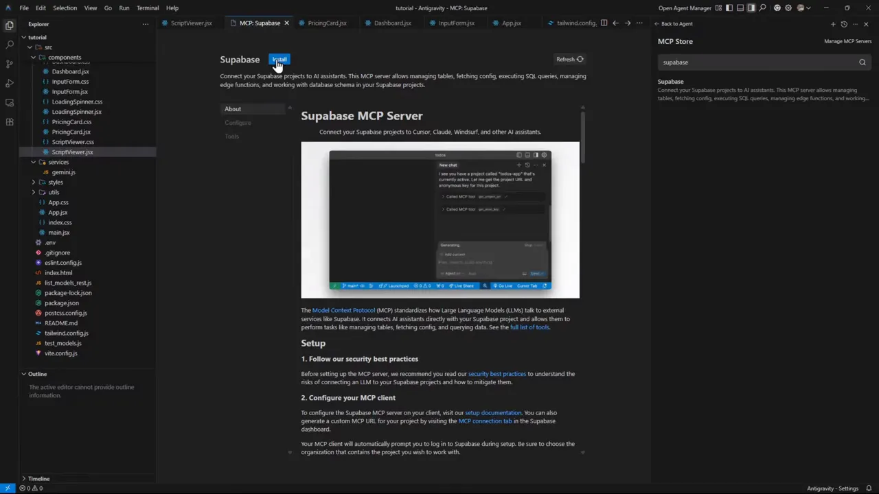 Interfaz de Supabase MCP Server en Antigravity con el botón Install activo y listo para instalar