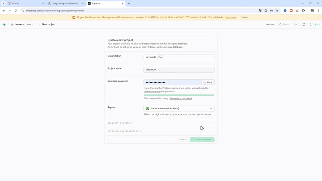 Pantalla de Supabase: crear nuevo proyecto con nombre y contraseña