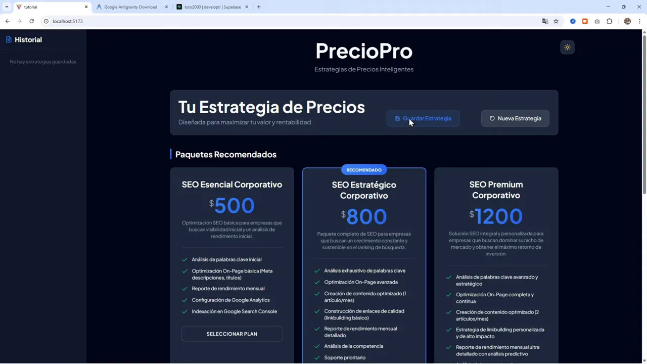 Página 'Tu Estrategia de Precios' mostrando el resumen de la estrategia y el botón 'Guardar Estrategia' destacado en la parte superior del contenido.