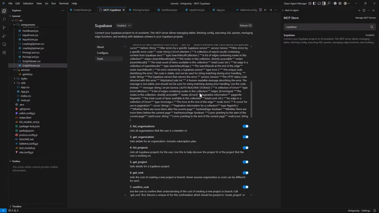 Interfaz de Antigravity mostrando MCP Supabase con la pestaña Tools y opciones activadas