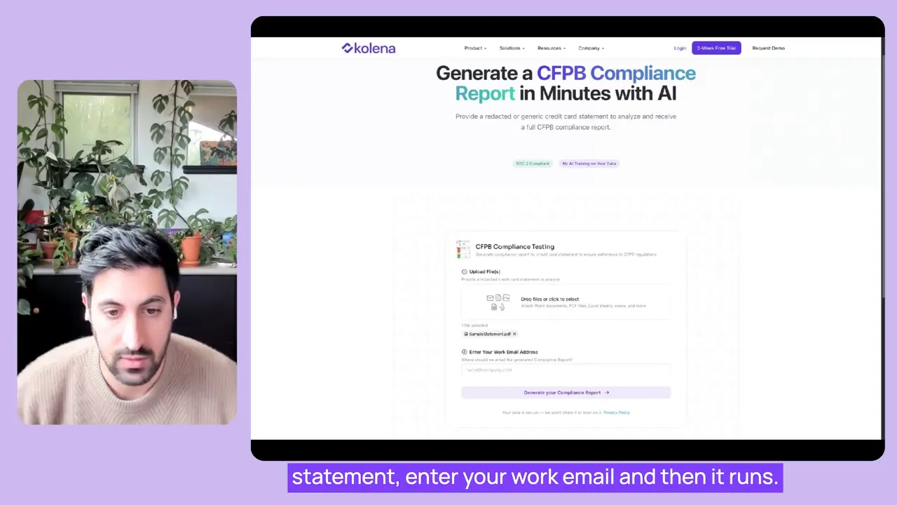 Klemma CFPB compliance testing interface with work email field and “Generate your Compliance Report” button.